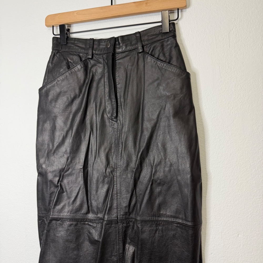 Vintage 80's - Genuine Leather Straight Maxi Skirt Black Size 4/XS - Picture 3 of 9